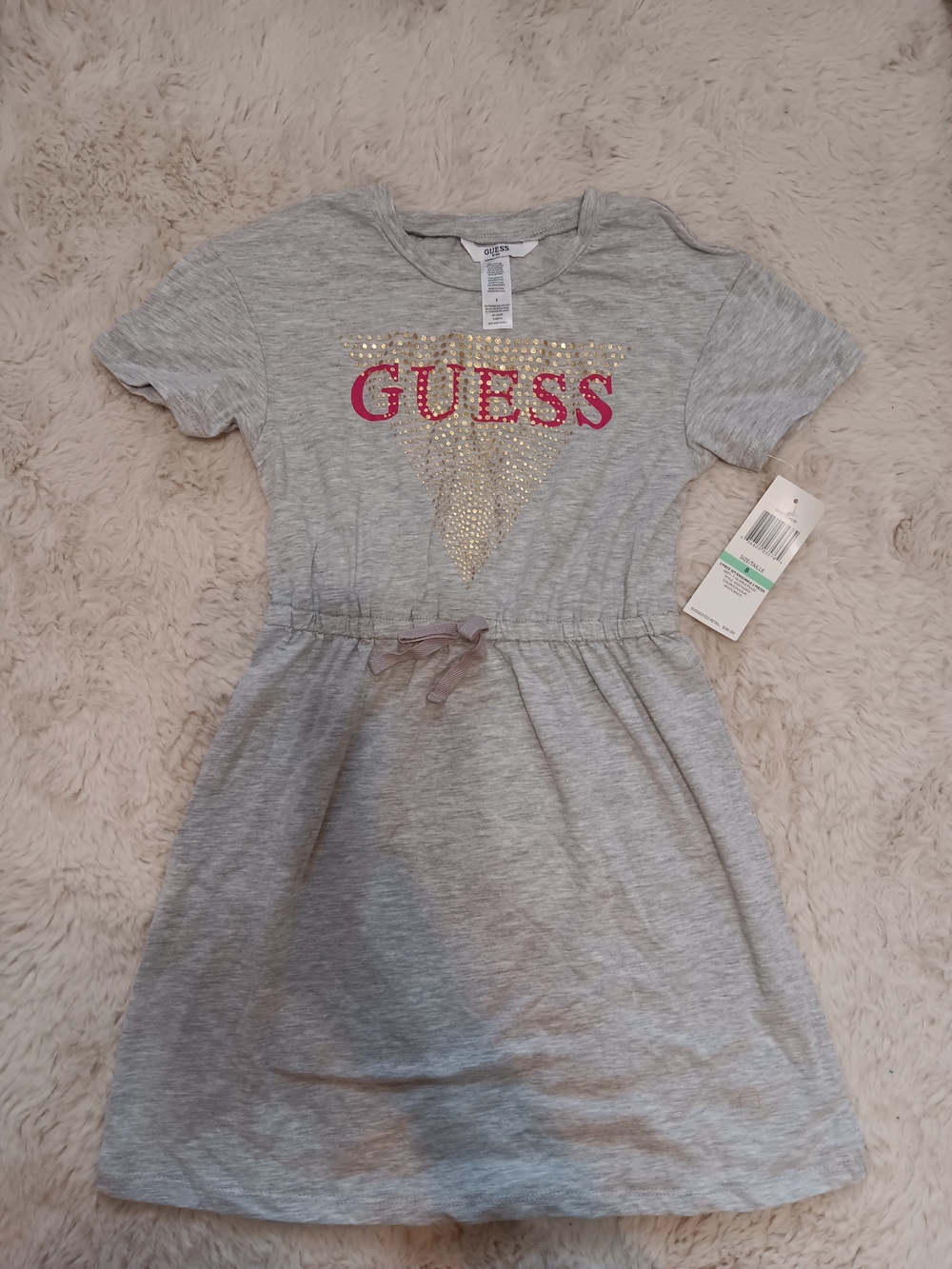 GUESS Girls' Gray Dress with Pink Logo and Gold Stud Triangle
